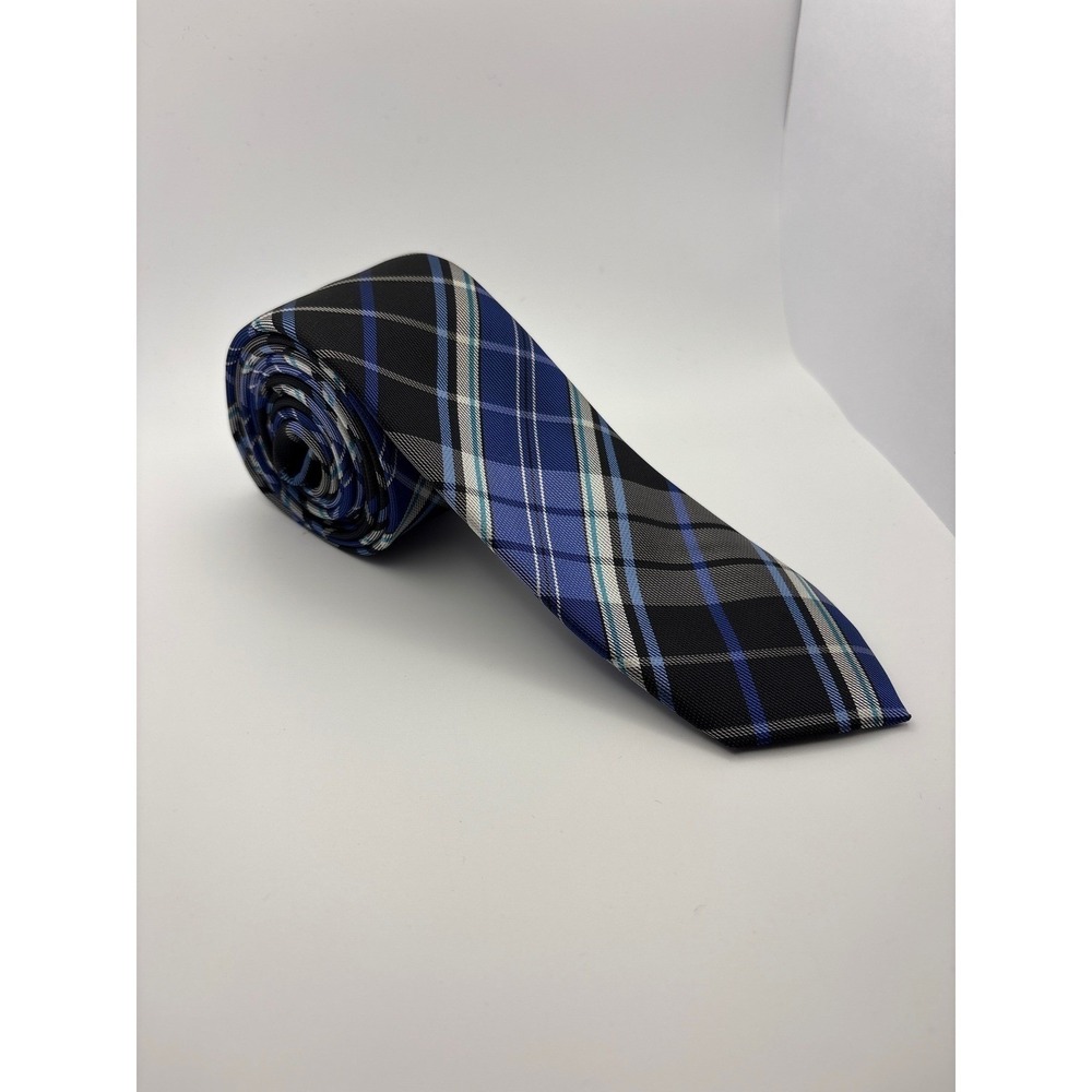 Alfani Mens Plaid Necktie Blue Black Grey White Handmade Polyester Tie